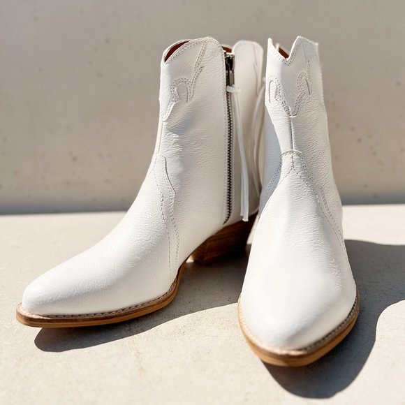 NEW Pointy Toe Stack Block Heel Zip Up Western Ankle Booties Boots Off White - Picture 14 of 16